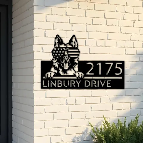 Custom Metal German Shepherd dog US flag glasses Metal Address Sign House number Hanging Address Plaque Yard Sign Outdoor decor
