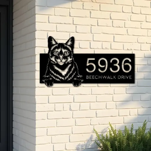 Custom Metal Domestic Cute peeking cat kitten Metal Address Sign, House number, Outdoor Number Signage, Yard Sign Address Plate
