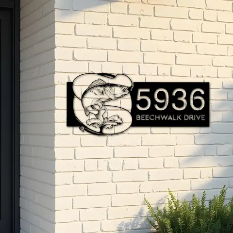 Custom Metal Walleye fishing rod bait hook Metal Address Sign, House number, Outdoor Number Signage, Yard Sign Address Plate