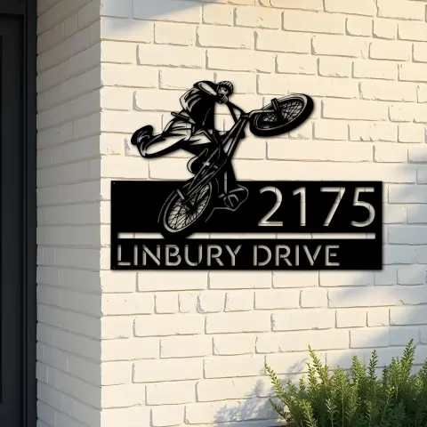 Custom Metal BMX Bicycle freestyle Metal Address Sign, House number, Outdoor Number Signage, Yard Sign Address Plate
