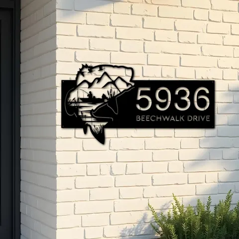 Custom Metal Bass fishing fisherman Metal Address Sign, House number, Outdoor Number Signage, Yard Sign Address Plate002