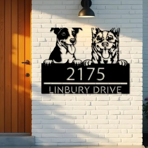 Vista alternativa de Custom Metal Red heeler and Jack russel terrier Metal Address Sign, House number, Outdoor Number Signage, Yard Sign Address Plate