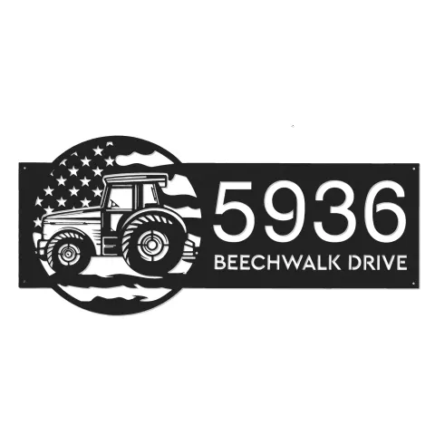 Vue alternative de Custom Metal Farm tractor US flag Metal Address Sign Custom House number Hanging Address Plaque Yard Sign Outdoor