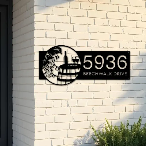 Custom Metal Rusted Wine barrel glasses grapes Metal Address Sign, House number, Outdoor Number Signage, Yard Sign Address Plate