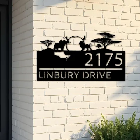 Custom Metal Safari scene african wild life Metal Address Sign, House number, Outdoor Number Signage, Yard Sign Address Plate