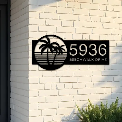 Custom Metal Palm tree sunset Metal Address Sign, House number, Outdoor Number Signage, Yard Sign Address Plate