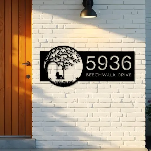 Vue alternative de Custom Metal Girl on Swing Metal Address Sign, House number, Outdoor Number Signage, Yard Sign Address Plate