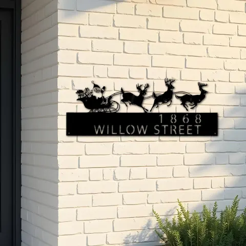 Custom Metal Santa flying in a sleigh with reindeer Metal Address Sign, House number, Outdoor Number Signage, Yard Sign Address Plate