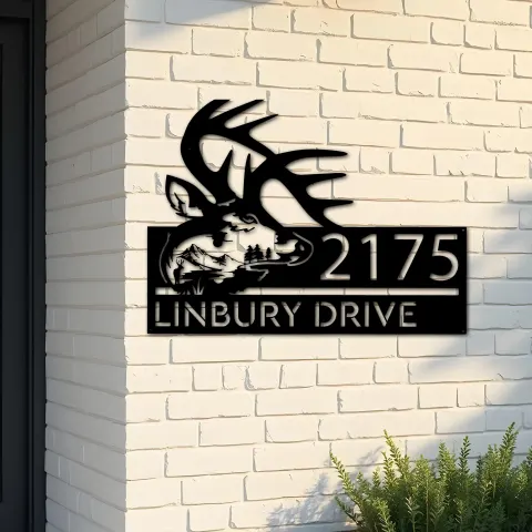 Custom Metal Deer buck head mountain scene Wild life Metal Address Sign, House number, Outdoor Number Signage, Yard Sign Address Plate