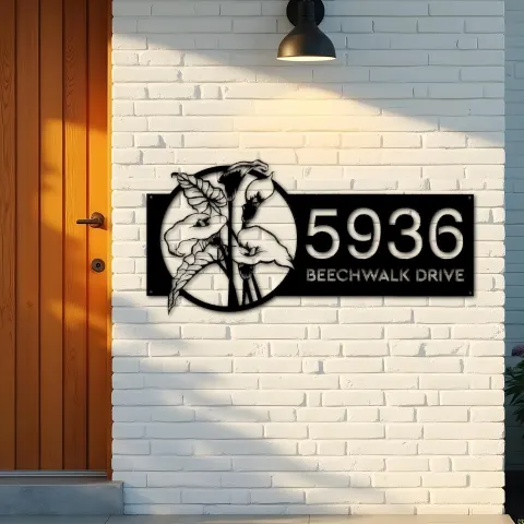 Vista alternativa de Custom Metal Tropical Flowers Metal Address Sign, House number, Outdoor Number Signage, Yard Sign Address Plate