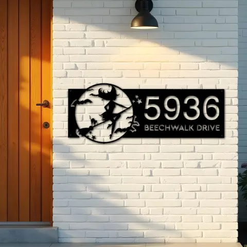 Vista alternativa de Custom Metal Witch and black cat flying halloween Metal Address Sign House number Hanging Address Plaque Yard Outdoor Sign