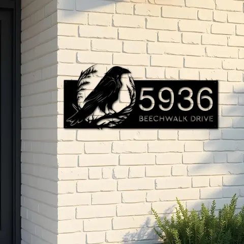 Custom Metal Crow Raven Metal Address Sign, House number, Outdoor Number Signage, Yard Sign Address Plate