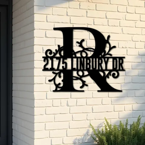 Custom Metal Floral Monogram Split Letter R Metal Address Sign House number Hanging Address Plaque Yard Sign Outdoor decor