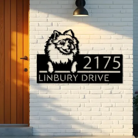 Vista alternativa de Custom Metal Pomeranian dog Puppy Metal Address Sign House number Hanging Address Plaque Yard Sign Outdoor decor