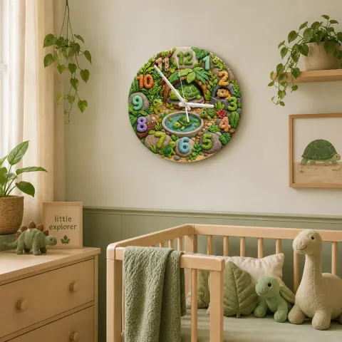 Wanduhr für Kinderzimmer mit Schildkröte & Frosch | Üppige Dschungel-Reptilien-Nursery-Dekoration, Natur-Thema Geschenk für Jungen (34,5 cm)