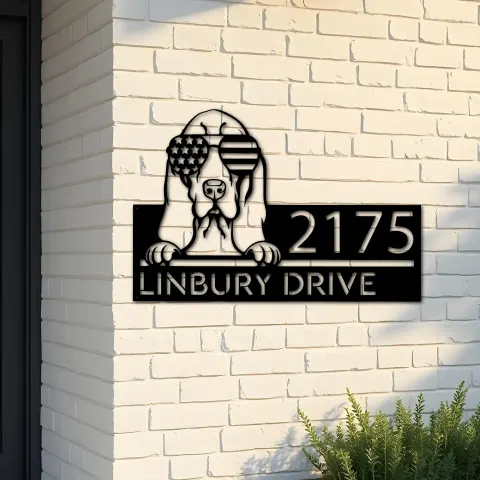 Custom Metal Basset hound dog US flag glasses Metal Address Sign House number Hanging Address Plaque Yard Sign Outdoor decor