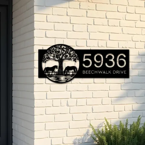 Custom Metal Leafy Tree and Couple Horses Metal Address Sign Custom Hanging Address Plaque House number Yard Sign Outdoor Sign