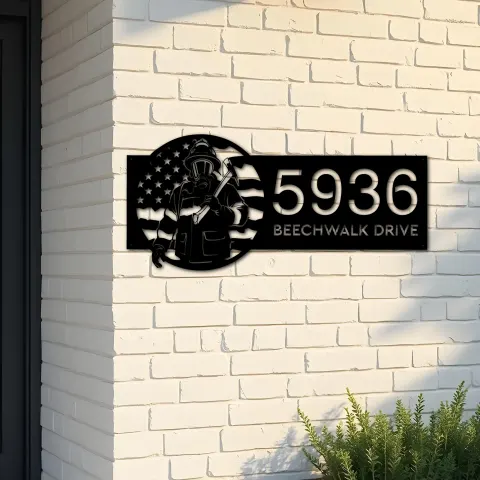 Custom Metal Fireman Fire Fighter US flag Metal Address Sign House number Hanging Address Plaque Yard Sign Outdoor