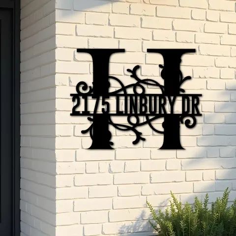 Custom Metal Floral Monogram Split Letter H Metal Address Sign House number Hanging Address Plaque Yard Sign Outdoor decor