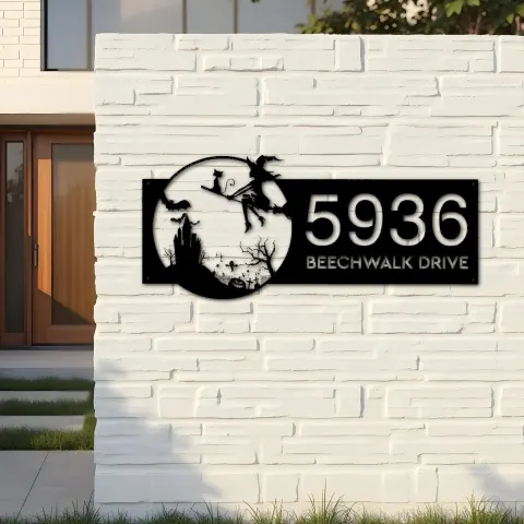 Vista alternativa de Custom Metal Witch and black cat flying Halloween Metal Address Sign, House number, Outdoor Number Signage, Yard Sign Address Plate
