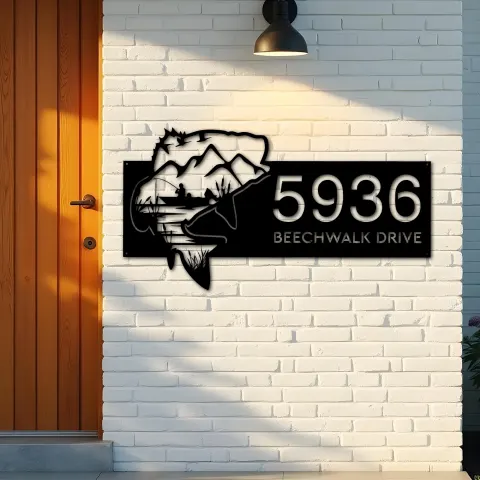 Vista alternativa de Custom Metal Bass fishing fisherman Metal Address Sign, House number, Outdoor Number Signage, Yard Sign Address Plate002