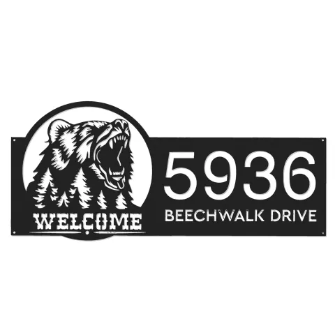Vista alternativa de Custom Metal Bear forest scene wild life animal welcome Metal Address Sign, House number, Outdoor Number Signage, Yard Sign Address Plate