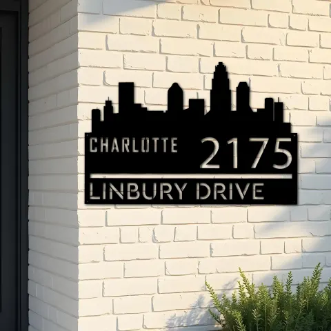 Custom Metal Charlotte city skyline Metal Address Sign Hanging Address Plaque house number Yard Outdoor Sign