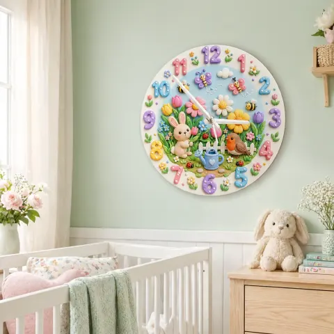 Wanduhr mit Hase und Vogel für Kinderzimmer | Pastellfarbene Blumen-Dekoration für die Wald-Nursery, süßes Geschenk zur Babyparty (34,5 cm)