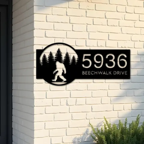 Custom Metal Bigfoot Sasquatch forest Metal Address Sign, House number, Outdoor Number Signage, Yard Sign Address Plate