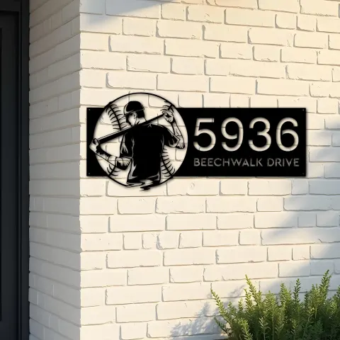 Custom Metal Baseball player Sport Metal Address Sign, House number, Outdoor Number Signage, Yard Sign Address Plate001