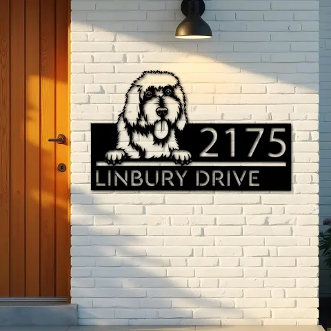 Vue alternative de Custom Metal Goldendoodle dog Puppy Metal Address Sign House number Hanging Address Plaque Yard Sign Outdoor decor