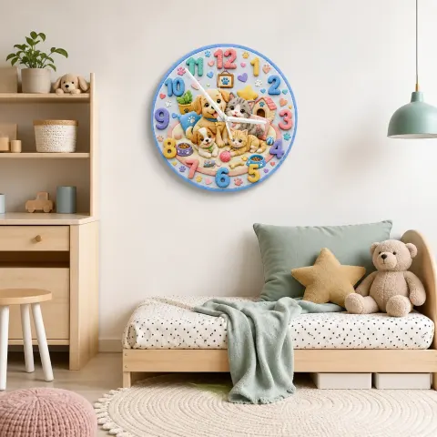 Wanduhr für Kinderzimmer mit süßen Welpen und Kätzchen | Verspielt Haustier-Thema Nursery-Dekoration, Babyparty-Geburtstags-Andenken (34,5 cm) alternative Ansicht