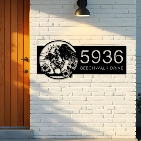 Vista alternativa de Custom Metal Chicken Rooster farm animal ranch Metal Address Sign, House number, Outdoor Number Signage, Yard Sign Address Plate