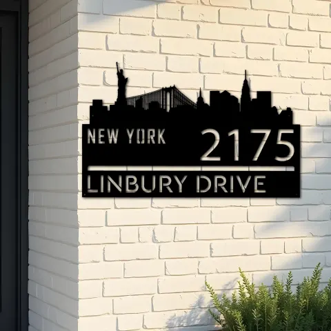 Custom Metal New York city skyline Metal Address Sign Hanging Address Plaque house number Yard Outdoor Sign