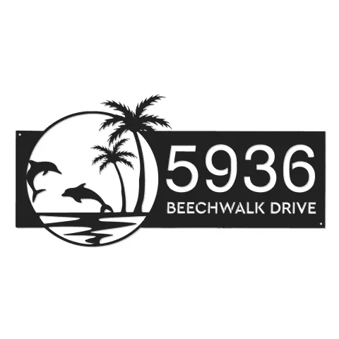 Vue alternative de Custom Metal Dolphins Palm trees Metal Address Sign, House number, Outdoor Number Signage, Yard Sign Address Plate