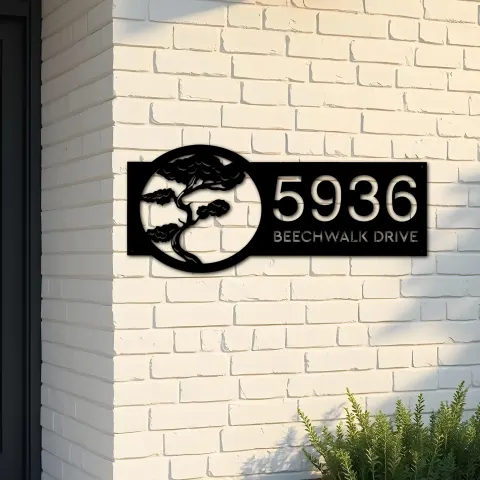 Custom Metal Bonsai tree Metal Address Sign, House number, Outdoor Number Signage, Yard Sign Address Plate