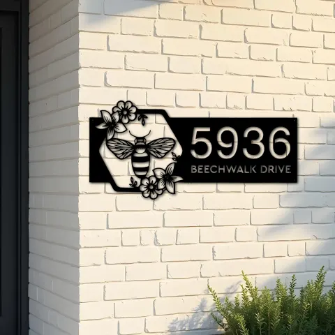 Custom Metal Bee on floral frame Metal Address Sign Custom House Number Hanging Address Plaque Yard Sign Outdoor Sign