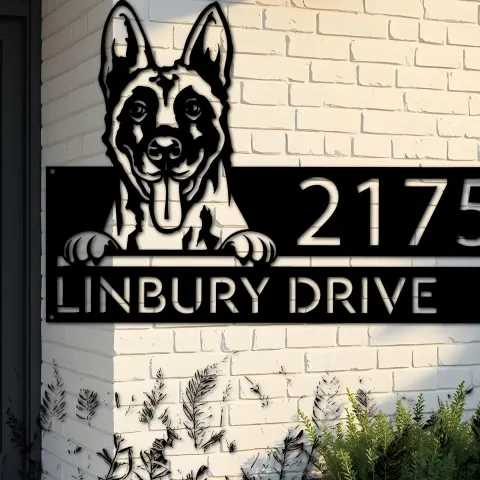 Custom Metal Belgian Malinois dog cute puppy Metal Address Sign House number Hanging Address Plaque Yard Sign Outdoor decor