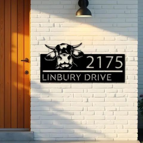 Vista alternativa de Custom Metal Peeking Cow farm animal ranch Metal Address Sign, House number, Outdoor Number Signage, Yard Sign Address Plate