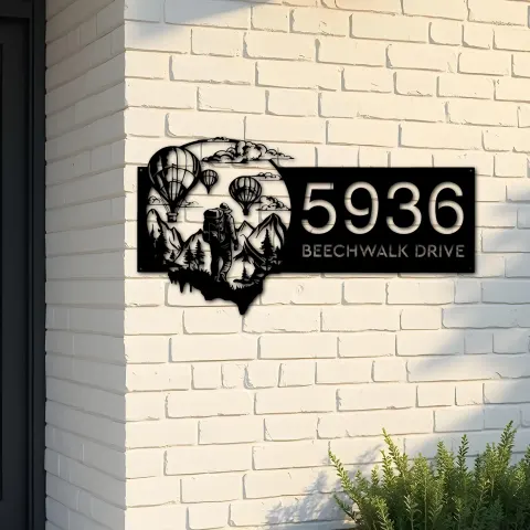 Custom Metal Hot Air Balloon Sky Adventure Travel Metal Address Sign, House number, Outdoor Number Signage, Yard Sign Address Plate