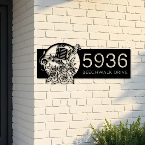 Custom Metal Floral microphone Musical notes Metal Address Sign, House number, Outdoor Number Signage, Yard Sign Address Plate