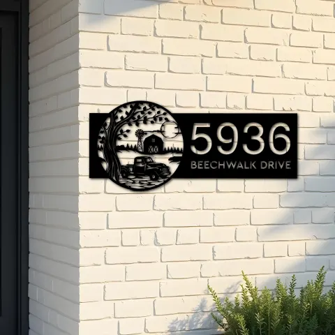 Custom Metal Old Pickup Truck with Farm Metal Address Sign, House number, Outdoor Number Signage, Yard Sign Address Plate