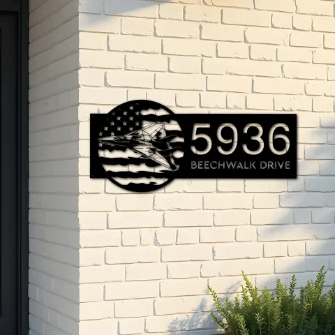 Custom Metal Fighter Jet airplane US flag Metal Address Sign House number Hanging Address Plaque Yard Sign Outdoor