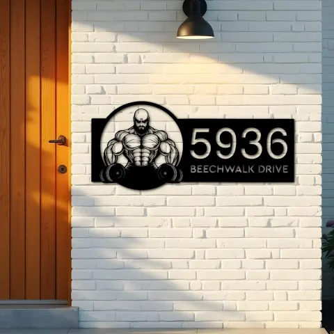 Vista alternativa de Custom Metal Bodybuilder gymer Metal Address Sign Custom House number Hanging Address Plaque Yard Sign Outdoor