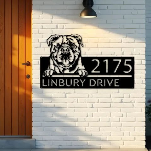 Vista alternativa de Custom Metal Continental Bulldog dog Puppy Metal Address Sign House number Hanging Address Plaque Yard Sign Outdoor decor