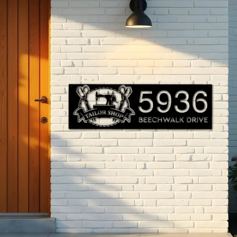 Vista alternativa de Custom Metal Tailor shop sewing machine Metal Address Sign, House number, Outdoor Number Signage, Yard Sign Address Plate