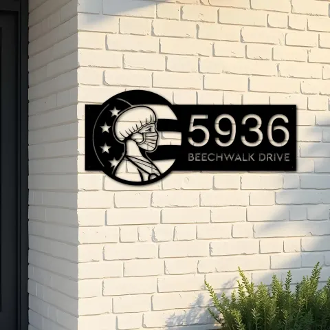Custom Metal American Nurse Wearing Mask Metal Address Sign, House number, Outdoor Number Signage, Yard Sign Address Plate