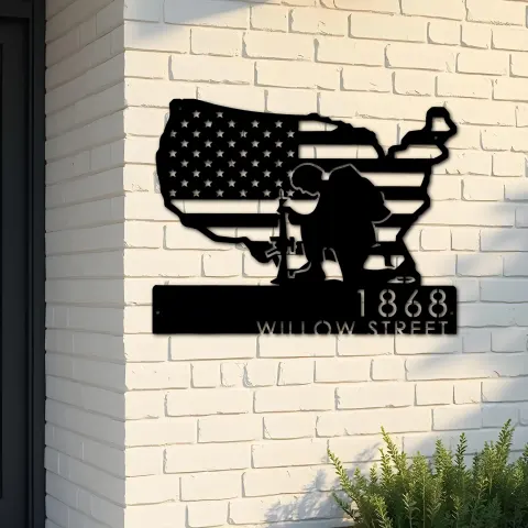Custom Metal Soldier American Flag Patriotic Army Metal Address Sign, House number, Outdoor Number Signage, Yard Sign Address Plate