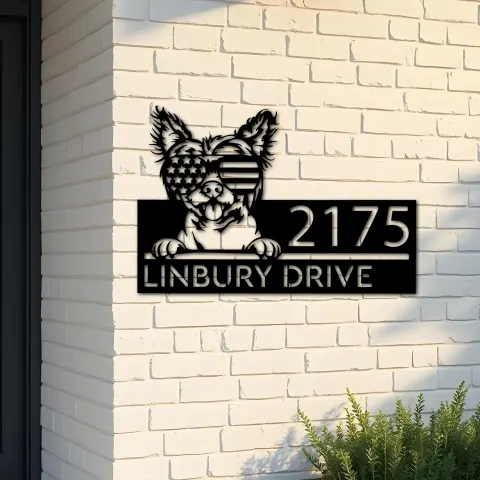 Custom Metal Chinese Crested dog US glasses Metal Address Sign House number Hanging Address Plaque Yard Sign Outdoor decor