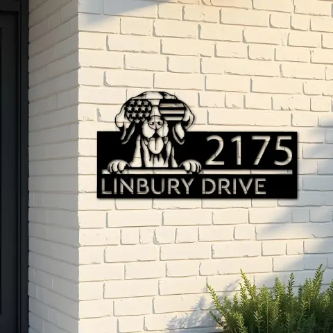 Custom Metal Vizsla dog US flag glasses Metal Address Sign House number Hanging Address Plaque Yard Sign Outdoor decor